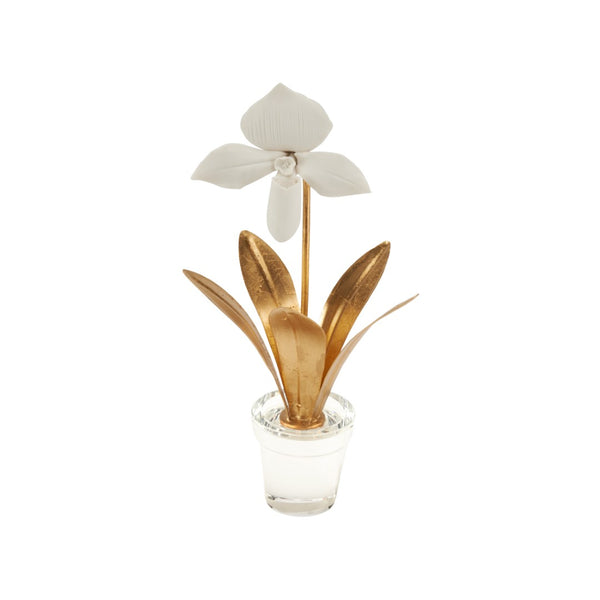 Chelsea House Lady Porcelain Lady Slipper Orchid Sculpture With Gold Stems On Crystal Base — Elegant Gift DéCor 370503