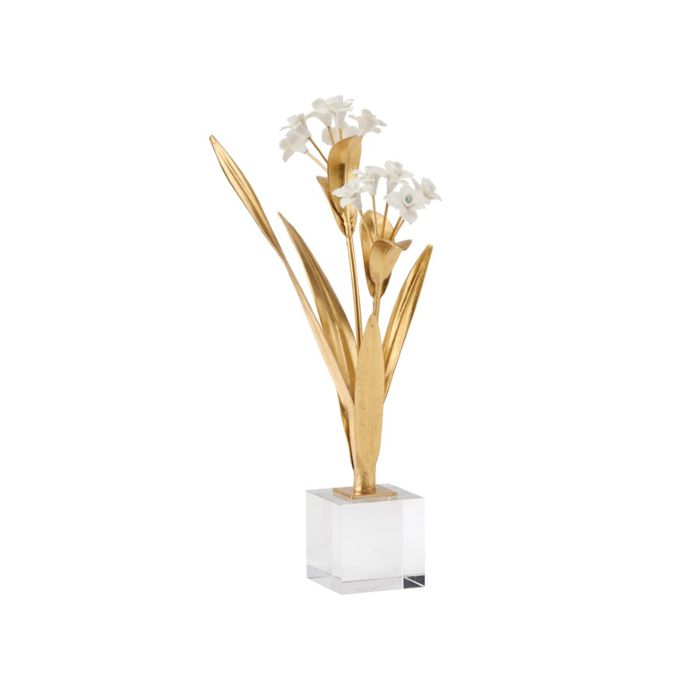 Chelsea House Paperwhite Porcelain Narcissus Sculpture On Crystal Base — Matte White Blooms, Gold Stems, 16" Tall Elegance 370504