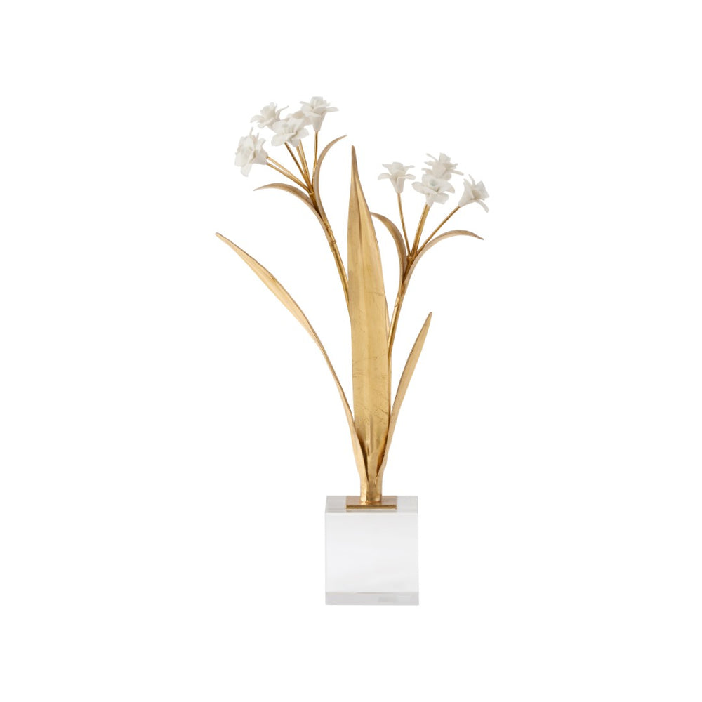 Chelsea House Paperwhite Porcelain Narcissus Sculpture On Crystal Base — Matte White Blooms, Gold Stems, 16" Tall Elegance 370504