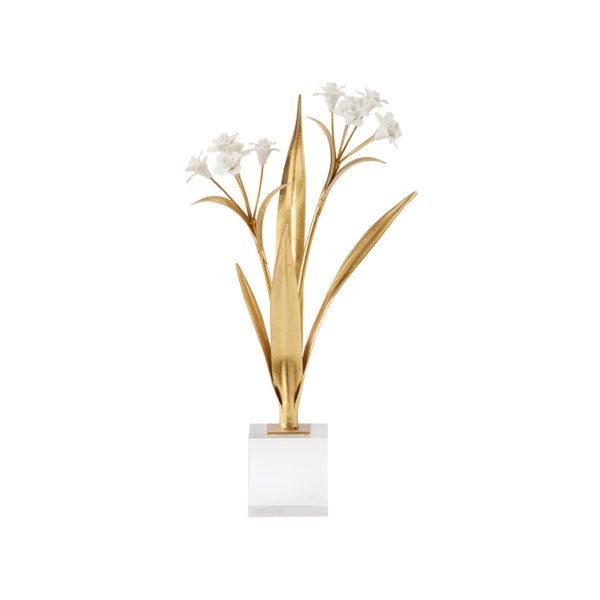 Chelsea House Paperwhite Porcelain Narcissus Sculpture On Crystal Base — Matte White Blooms, Gold Stems, 16" Tall Elegance 370504