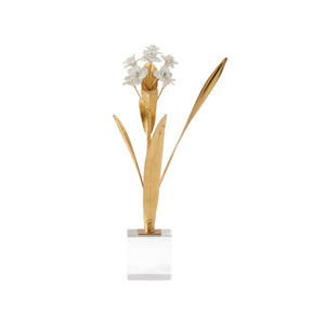 Chelsea House Paperwhite Porcelain Narcissus Sculpture On Crystal Base — Matte White Blooms, Gold Stems, 16" Tall Elegance 370504