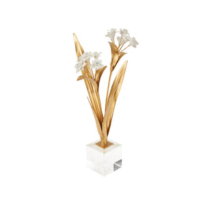Chelsea House Paperwhite Porcelain Narcissus Sculpture On Crystal Base — Matte White Blooms, Gold Stems, 16" Tall Elegance 370504