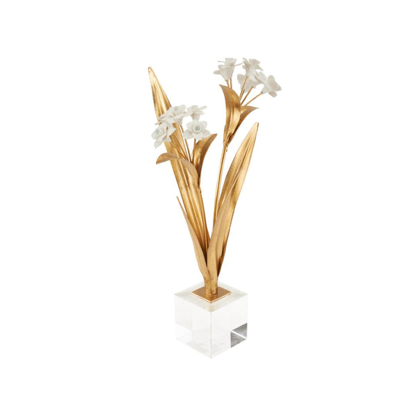 Chelsea House Paperwhite Porcelain Narcissus Sculpture On Crystal Base — Matte White Blooms, Gold Stems, 16" Tall Elegance 370504