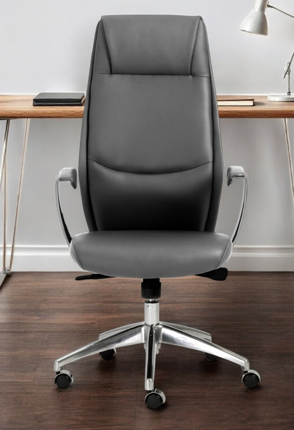 HomeRoots Gray Executive Office Chair - Stylish Gray and Silver Faux Leather, Ergonomic Support & Comfort 370507