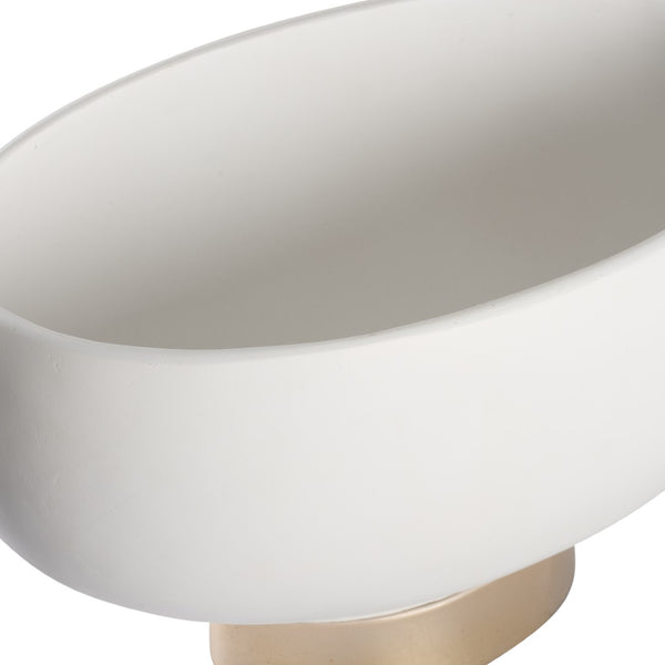 Chelsea House Quartz Sculptural Oval Bowl On Champagne Gold Pedestal — Matte White Resin With Silver Leaf Accents, Designer Shayla Copas 370512
