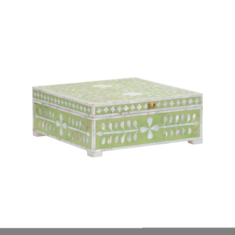 Chelsea House Bone Inlay Box Green — Handcrafted Hinged Jewelry & Keepsake Box, Green With White Motif, 5"X12.5"X12" 370513