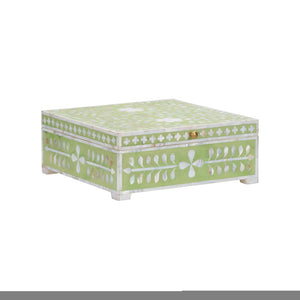 Chelsea House Bone Inlay Box Green — Handcrafted Hinged Jewelry & Keepsake Box, Green With White Motif, 5"X12.5"X12" 370513