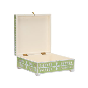 Chelsea House Bone Inlay Box Green — Handcrafted Hinged Jewelry & Keepsake Box, Green With White Motif, 5"X12.5"X12" 370513