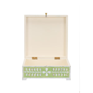 Chelsea House Bone Inlay Box Green — Handcrafted Hinged Jewelry & Keepsake Box, Green With White Motif, 5"X12.5"X12" 370513