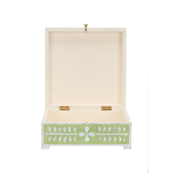 Chelsea House Bone Inlay Box Green — Handcrafted Hinged Jewelry & Keepsake Box, Green With White Motif, 5"X12.5"X12" 370513