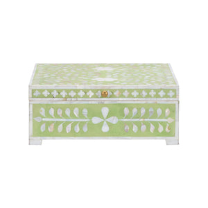 Chelsea House Bone Inlay Box Green — Handcrafted Hinged Jewelry & Keepsake Box, Green With White Motif, 5"X12.5"X12" 370513