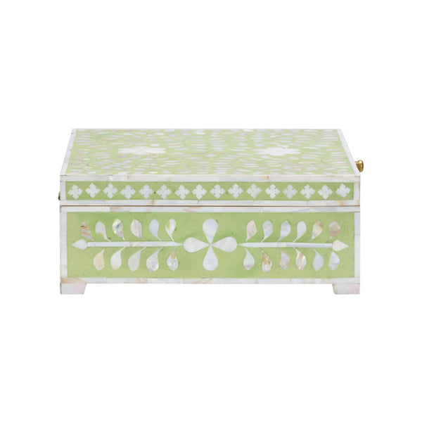 Chelsea House Bone Inlay Box Green — Handcrafted Hinged Jewelry & Keepsake Box, Green With White Motif, 5"X12.5"X12" 370513