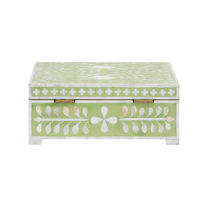 Chelsea House Bone Inlay Box Green — Handcrafted Hinged Jewelry & Keepsake Box, Green With White Motif, 5"X12.5"X12" 370513