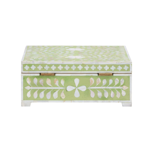 Chelsea House Bone Inlay Box Green — Handcrafted Hinged Jewelry & Keepsake Box, Green With White Motif, 5"X12.5"X12" 370513
