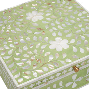 Chelsea House Bone Inlay Box Green — Handcrafted Hinged Jewelry & Keepsake Box, Green With White Motif, 5"X12.5"X12" 370513