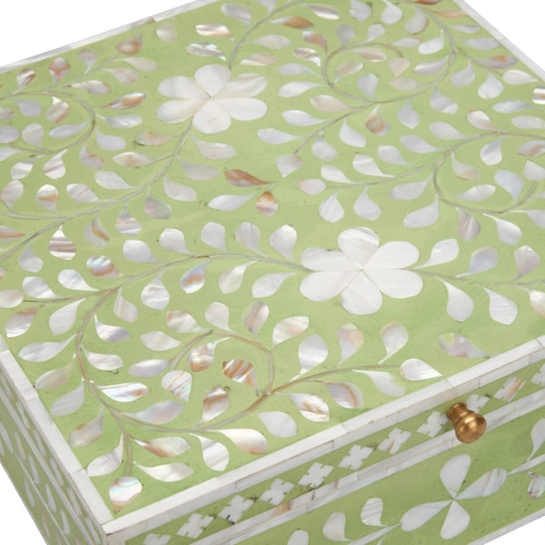 Chelsea House Bone Inlay Box Green — Handcrafted Hinged Jewelry & Keepsake Box, Green With White Motif, 5"X12.5"X12" 370513