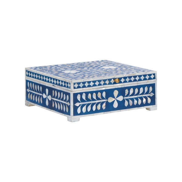 Chelsea House Bone Inlay Box Handcrafted Blue With White Motif — Hinged Jewelry Keepsake Box, Polished Decor 370514