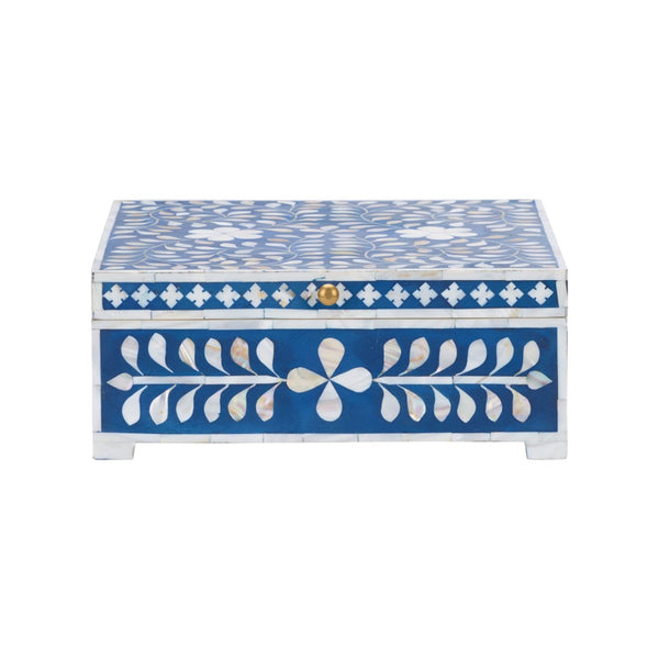 Chelsea House Bone Inlay Box Handcrafted Blue With White Motif — Hinged Jewelry Keepsake Box, Polished Decor 370514