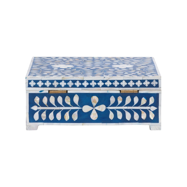 Chelsea House Bone Inlay Box Handcrafted Blue With White Motif — Hinged Jewelry Keepsake Box, Polished Decor 370514