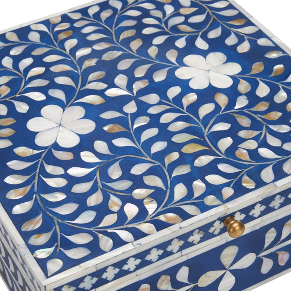 Chelsea House Bone Inlay Box Handcrafted Blue With White Motif — Hinged Jewelry Keepsake Box, Polished Decor 370514