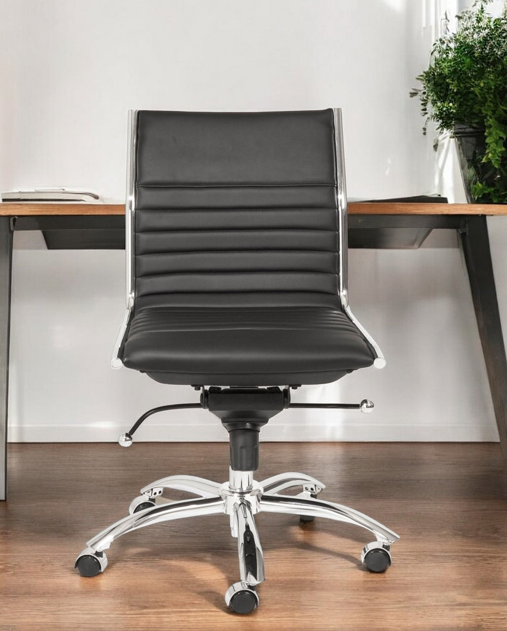 Homeroots Black And Silver Adjustable Swivel Faux Leather Rolling Conference Office Chair  Faux Leather 370523