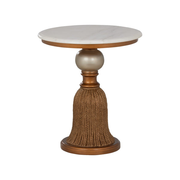 Chelsea House Tassel Side Table With Faux White Marble Top, Antique Gold Leaf & Antiqued Silver Accents — Bradshaw Orrell Designer Piece 370526