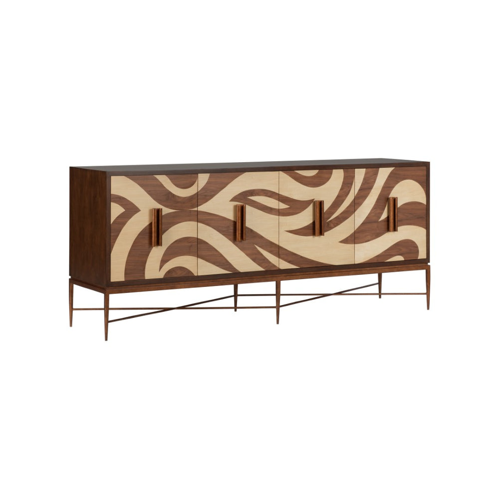Chelsea House Swirl Mid-Century Credenza With Inlaid Parquetry Swirl, 84" Wide Storage Console In Warm Brown 370539