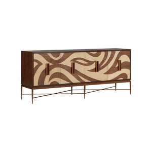 Chelsea House Swirl Mid-Century Credenza With Inlaid Parquetry Swirl, 84" Wide Storage Console In Warm Brown 370539