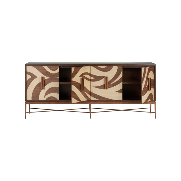 Chelsea House Swirl Mid-Century Credenza With Inlaid Parquetry Swirl, 84" Wide Storage Console In Warm Brown 370539