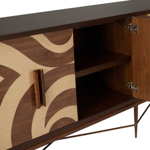 Chelsea House Swirl Mid-Century Credenza With Inlaid Parquetry Swirl, 84" Wide Storage Console In Warm Brown 370539
