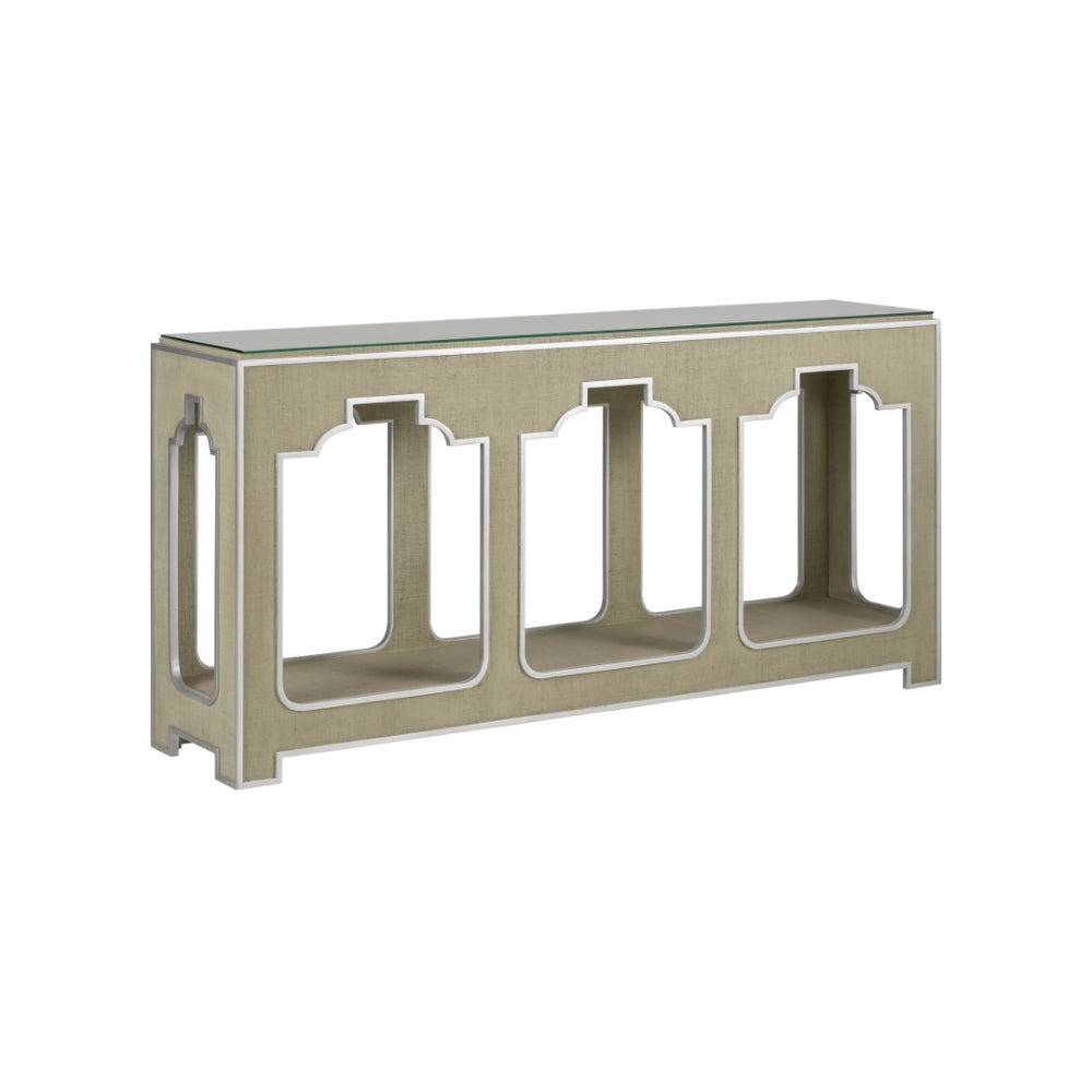 Chelsea House Yangon Hand-Wrapped Green Raffia Console With Removable Glass Top, Silver Accents & Lower Shelf 370541