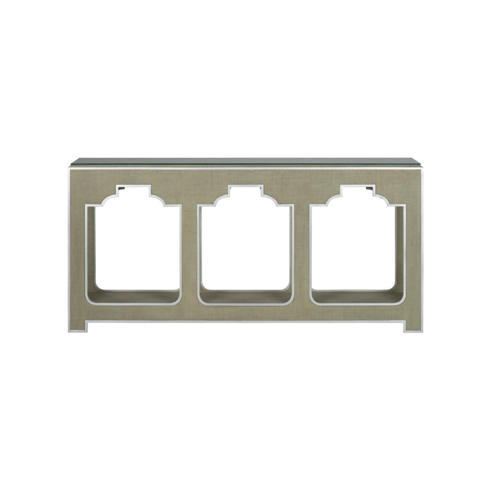 Chelsea House Yangon Hand-Wrapped Green Raffia Console With Removable Glass Top, Silver Accents & Lower Shelf 370541