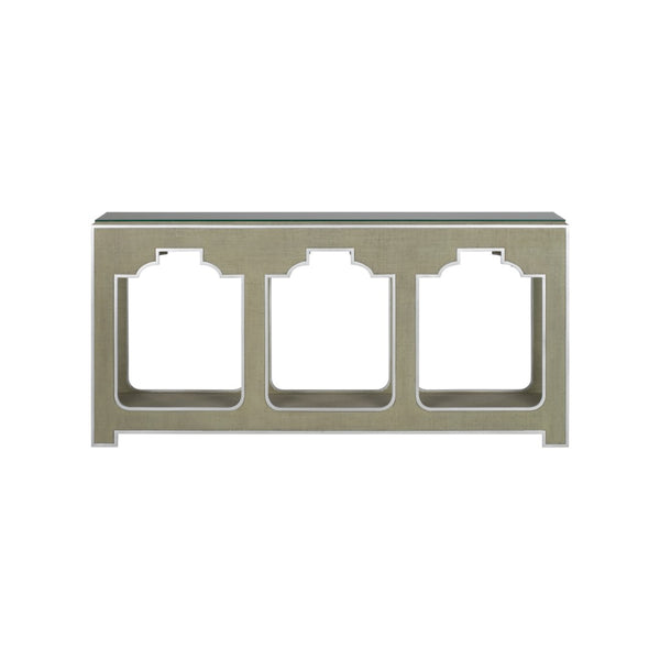 Chelsea House Yangon Hand-Wrapped Green Raffia Console With Removable Glass Top, Silver Accents & Lower Shelf 370541