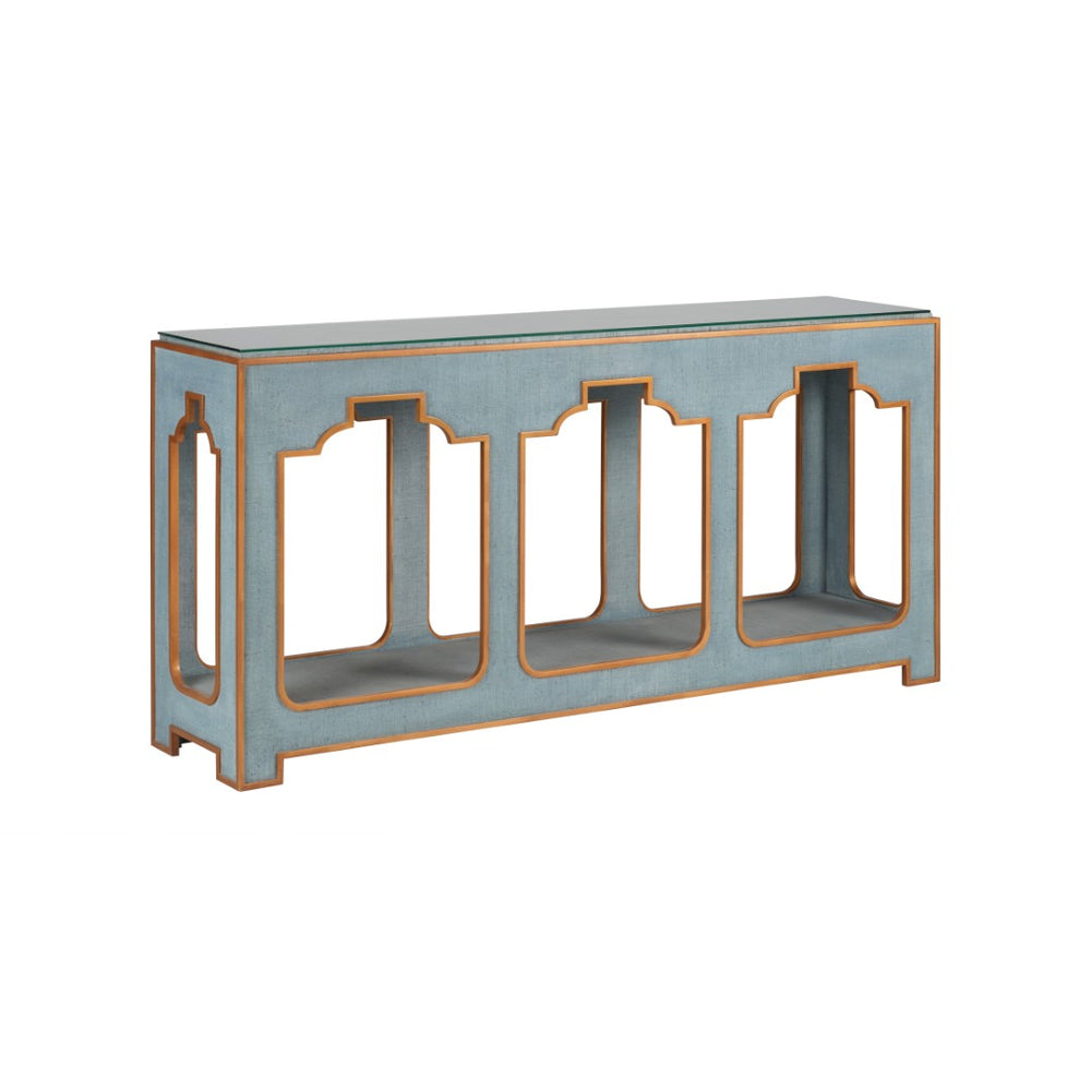 Chelsea House Yangon Blue Raffia Console With Gold Accents, Removable Glass Top & Lower Shelf — Jamie Merida Design 370542
