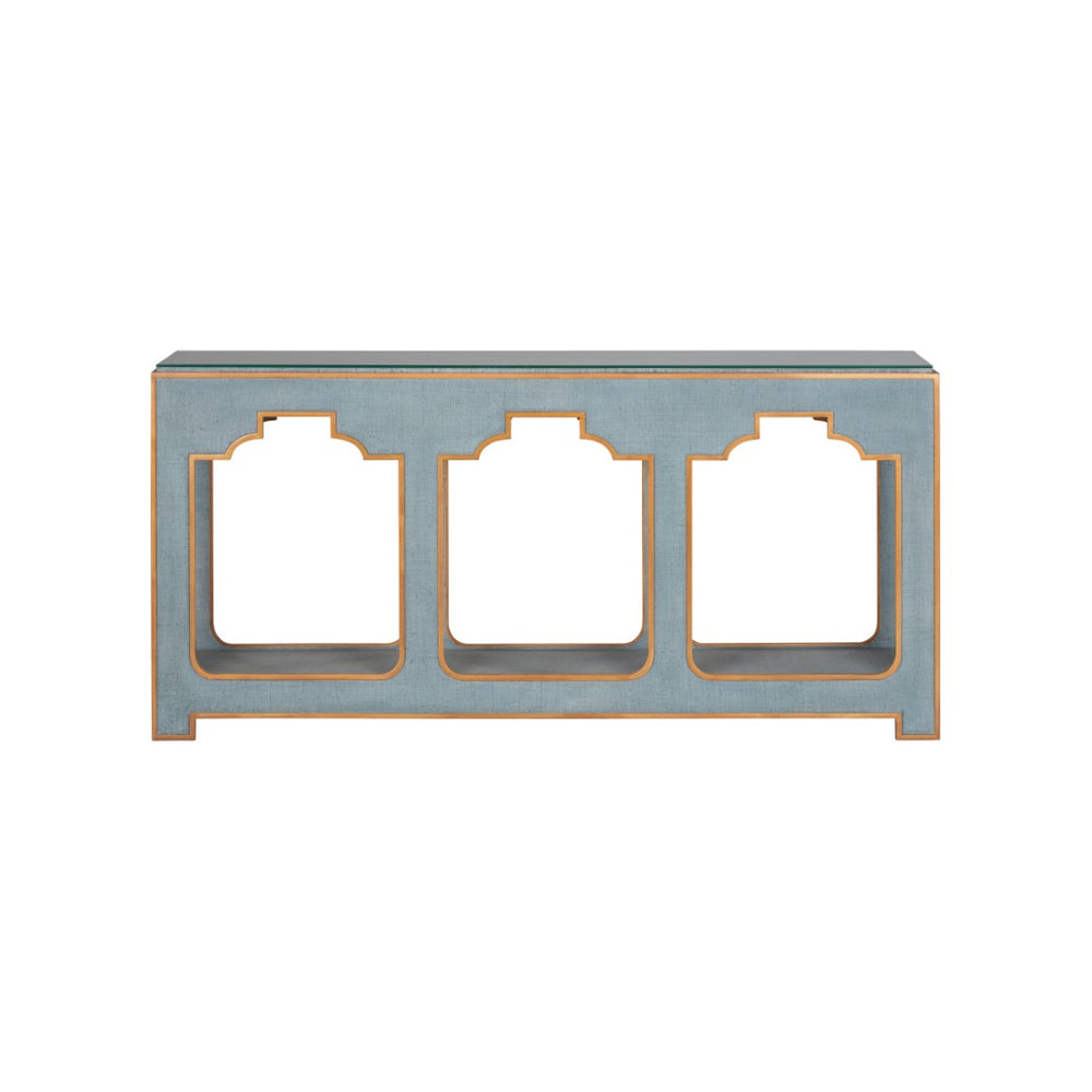 Chelsea House Yangon Blue Raffia Console With Gold Accents, Removable Glass Top & Lower Shelf — Jamie Merida Design 370542