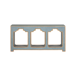 Chelsea House Yangon Blue Raffia Console With Gold Accents, Removable Glass Top & Lower Shelf — Jamie Merida Design 370542