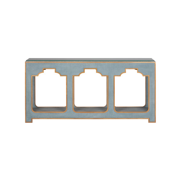 Chelsea House Yangon Blue Raffia Console With Gold Accents, Removable Glass Top & Lower Shelf — Jamie Merida Design 370542