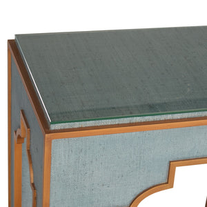 Chelsea House Yangon Blue Raffia Console With Gold Accents, Removable Glass Top & Lower Shelf — Jamie Merida Design 370542