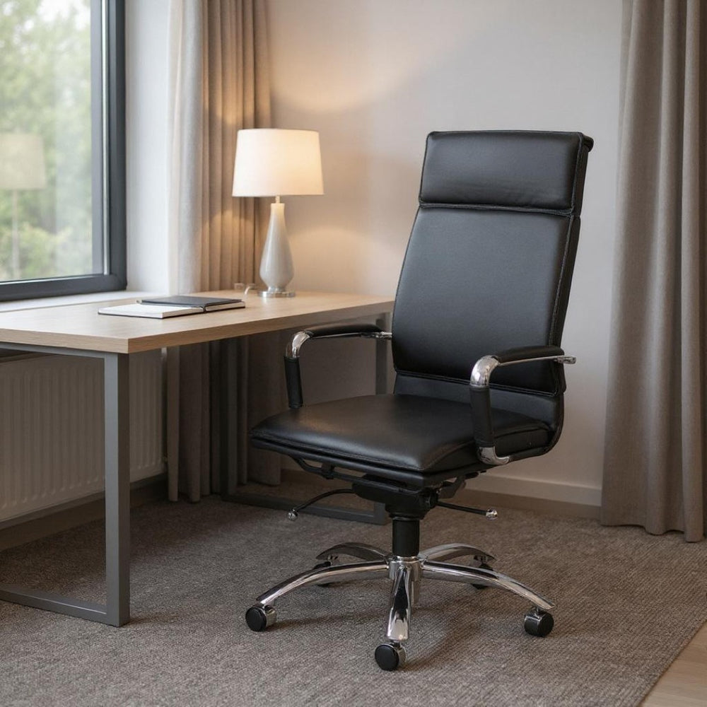 HomeRoots Black Executive Office Chair - Adjustable Swivel Faux Leather Design with Ergonomic Support & Style 370545