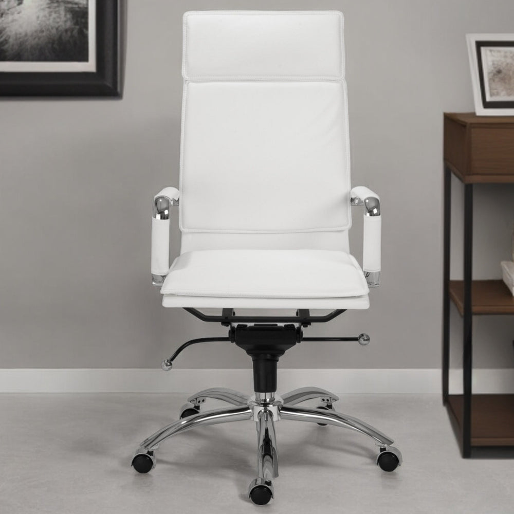 Homeroots White And Silver Adjustable Swivel Faux Leather Rolling Executive Office Chair   370550
