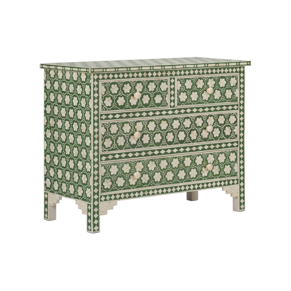 Chelsea House Clark Chest With Green & Off-White Floral Inlay — Elegant 4-Drawer Storage Chest For Bedroom, Entryway 370551