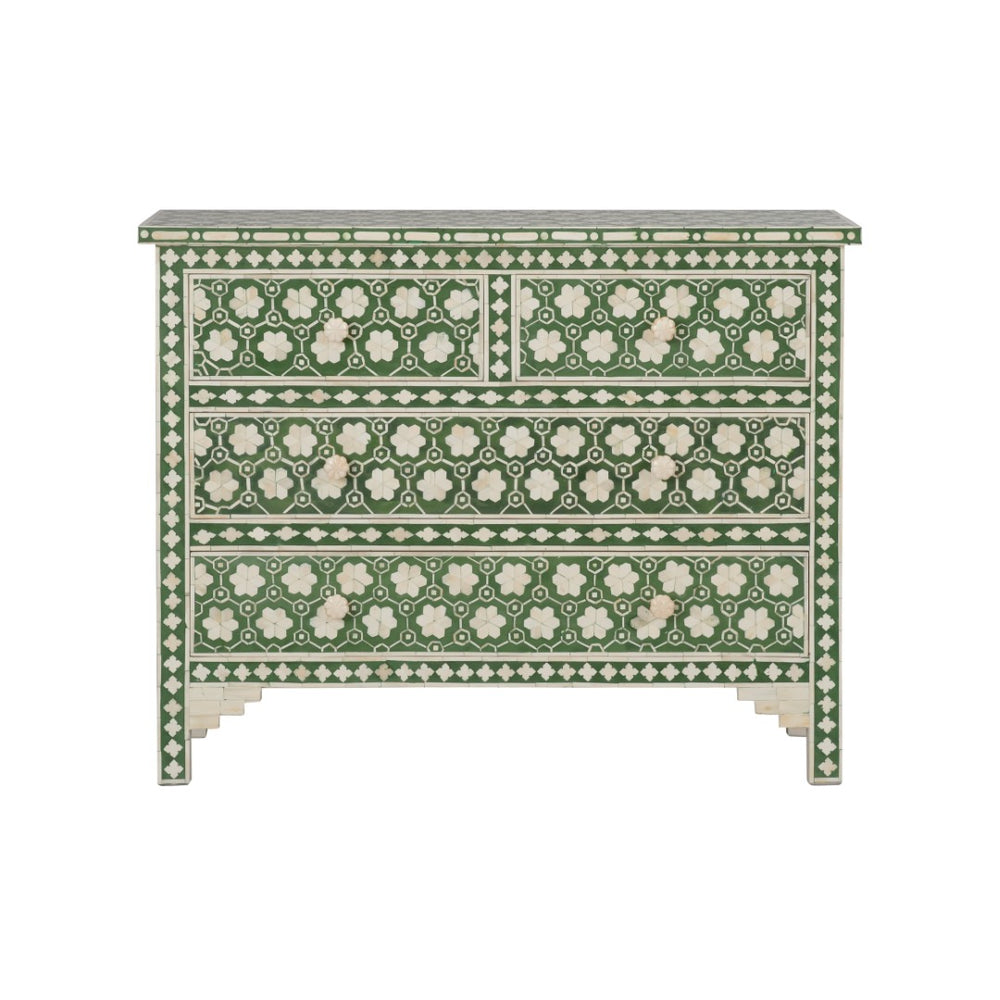 Chelsea House Clark Chest With Green & Off-White Floral Inlay — Elegant 4-Drawer Storage Chest For Bedroom, Entryway 370551
