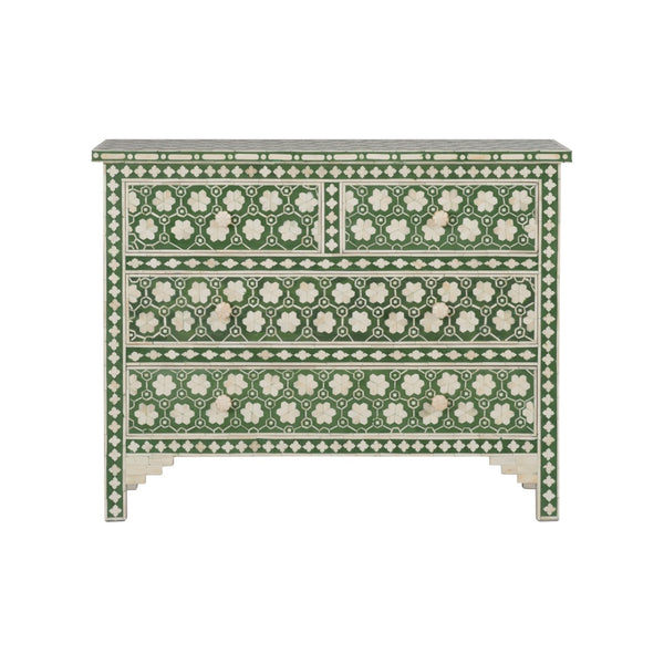 Chelsea House Clark Chest With Green & Off-White Floral Inlay — Elegant 4-Drawer Storage Chest For Bedroom, Entryway 370551