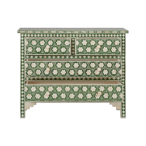 Chelsea House Clark Chest With Green & Off-White Floral Inlay — Elegant 4-Drawer Storage Chest For Bedroom, Entryway 370551