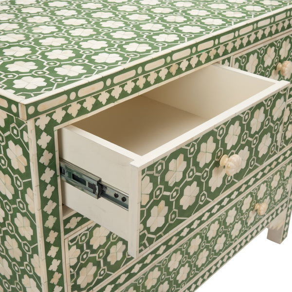 Chelsea House Clark Chest With Green & Off-White Floral Inlay — Elegant 4-Drawer Storage Chest For Bedroom, Entryway 370551