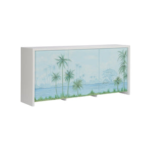 Chelsea House Palm Hand-Painted Tropical Console Cabinet With Palm Tree Island Scene, 3-Door Storage, 81"W 370557