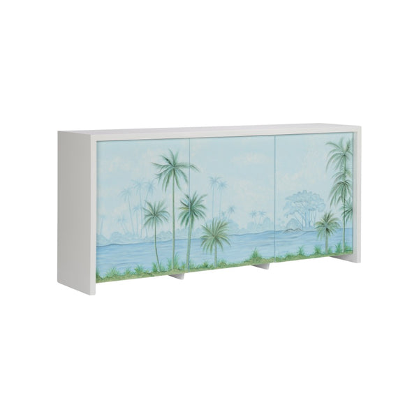 Chelsea House Palm Hand-Painted Tropical Console Cabinet With Palm Tree Island Scene, 3-Door Storage, 81"W 370557