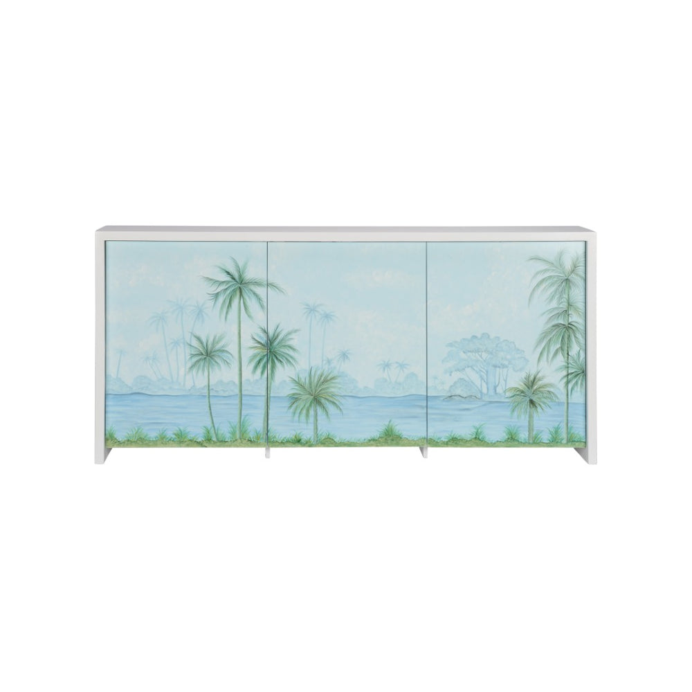 Chelsea House Palm Hand-Painted Tropical Console Cabinet With Palm Tree Island Scene, 3-Door Storage, 81"W 370557