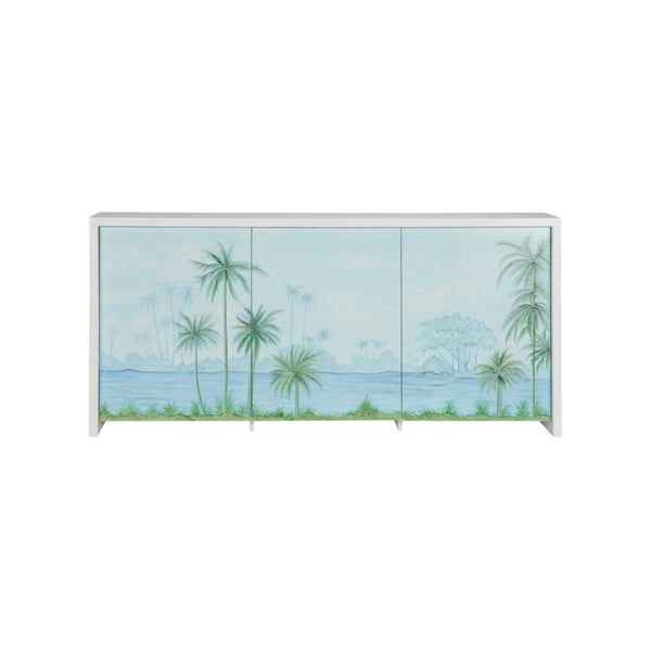 Chelsea House Palm Hand-Painted Tropical Console Cabinet With Palm Tree Island Scene, 3-Door Storage, 81"W 370557