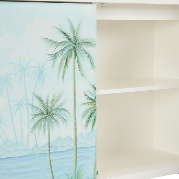 Chelsea House Palm Hand-Painted Tropical Console Cabinet With Palm Tree Island Scene, 3-Door Storage, 81"W 370557